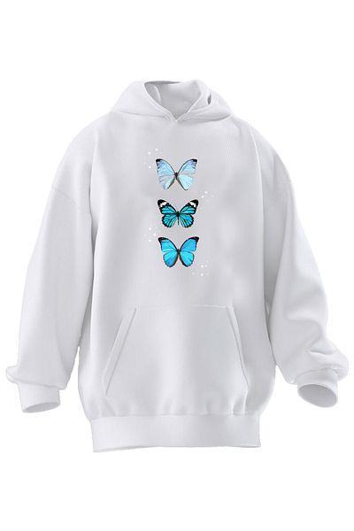 NMG TEKSTİL Hanorac cu glugă, unisex, din bumbac premium, alb, 3 piese, cu imprimeu cu fluturi albastru