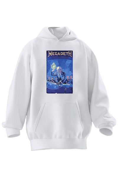 NMG TEKSTİL Φούτερ με κουκούλα με κουκούλα Unisex Premium Λευκό Megadeth Green Light με τυπωμένη αφίσα