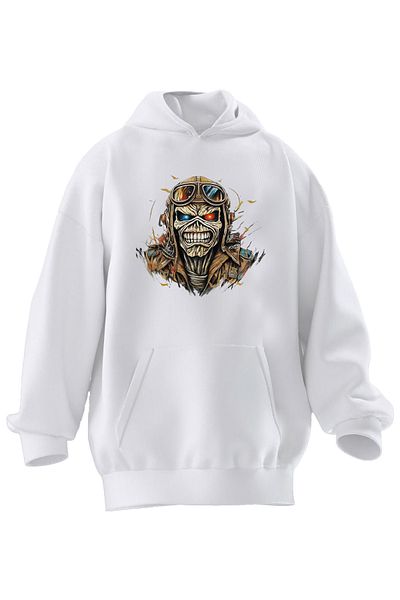 NMG TEKSTİL Λευκό φούτερ Unisex με στάμπα Pilot Skull - Κουκούλα με 3 νήματα