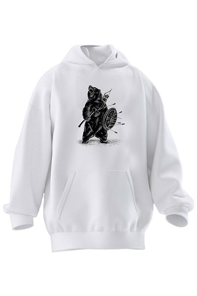 NMG TEKSTİL Φούτερ με κουκούλα Unisex Premium βαμβακερό λευκό Archer Bear με στάμπα 3 νημάτων