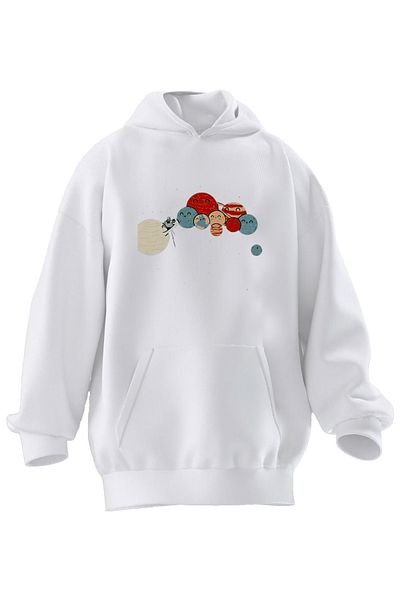 NMG TEKSTİL Φούτερ με κουκούλα Unisex Premium από βαμβακερό λευκό Cute Planets με στάμπα 3 νημάτων