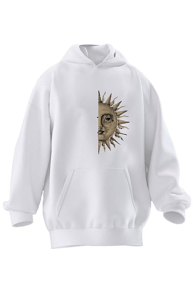 NMG TEKSTİL Φούτερ Unisex Premium Βαμβακερό Λευκό Half Moon με στάμπα με κουκούλα 3 νημάτων
