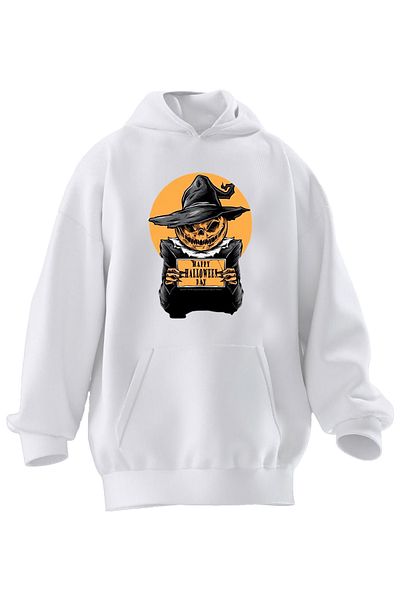 NMG TEKSTİL Φούτερ με κουκούλα Unisex Premium βαμβακερό λευκό Hally Hallowen Skull με στάμπα με 3 νήματα