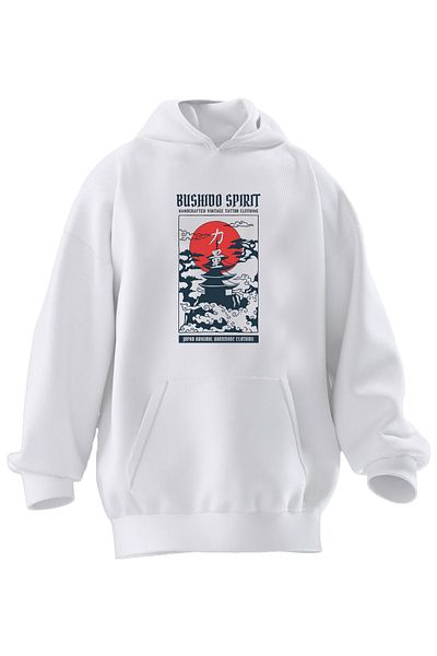 NMG TEKSTİL Φούτερ με κουκούλα Unisex Premium Βαμβακερό Λευκό Bushidospirit με στάμπα 3 νημάτων