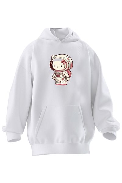NMG TEKSTİL Hanorac cu glugă unisex din bumbac premium alb cu imprimeu Astronaut Kitty cu 3 fire