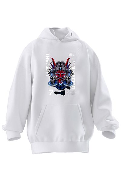 NMG TEKSTİL Φούτερ με κουκούλα Unisex Premium Βαμβακερό Λευκό Angry Red Oni με στάμπα με κουκούλα 3 νημάτων