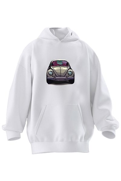 NMG TEKSTİL Λευκό Vosvos Car Printed - Φούτερ με κουκούλα Unisex με 3 νήματα