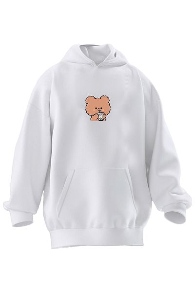 NMG TEKSTİL Φούτερ Unisex Premium Βαμβακερό Λευκό Γλυκό αρκουδάκι με στάμπα με κουκούλα με 3 νήματα