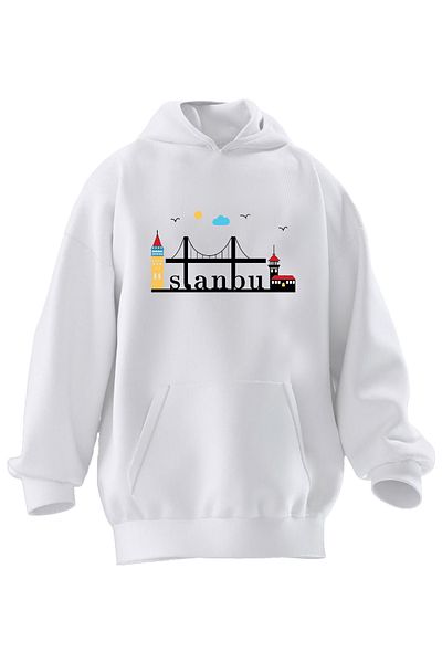 NMG TEKSTİL Φούτερ Unisex Premium Cotton White Istanbul Bridge με στάμπα με κουκούλα με 3 νήματα