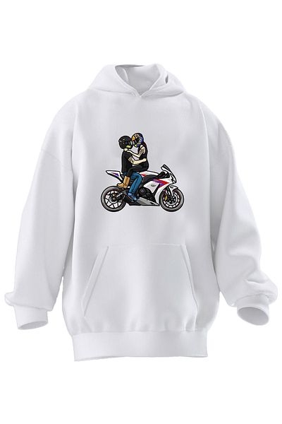 NMG TEKSTİL Λευκό φούτερ με κουκούλα Unisex Biker Printed - 3 νήματα Premium Cotton