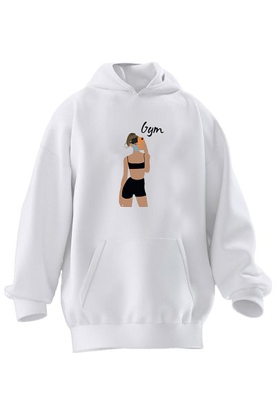 NMG TEKSTİL Hanorac cu glugă, unisex, din bumbac premium, alb, cu imprimeu pentru gimnastică, cu 3 fire