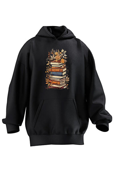 NMG TEKSTİL Black Unisex Premium Cotton - 3 Thread Printed Book Dozen Hooded ...