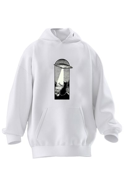 NMG TEKSTİL Φούτερ Unisex Premium Βαμβακερό Λευκό Ufo Cat με κουκούλα με 3 νήματα