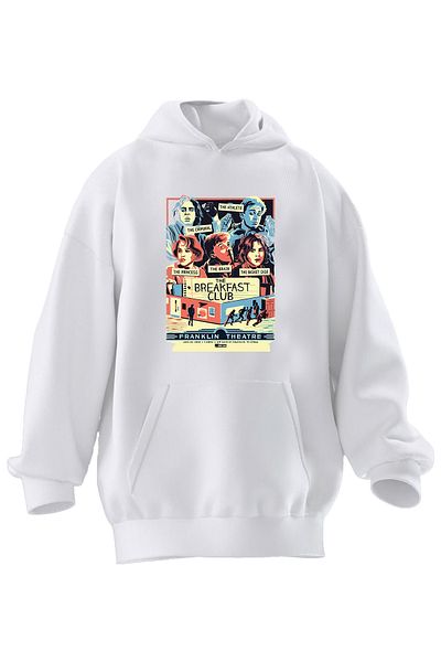 NMG TEKSTİL Hanorac alb din bumbac premium unisex cu glugă cu 3 fire cu imprimeu The Breakfast Club