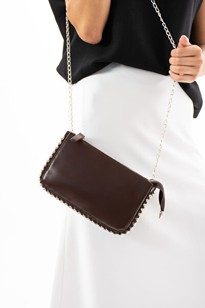 NBİBAGS Brown Mini Beaded Women's Hand and Shoulder Bag