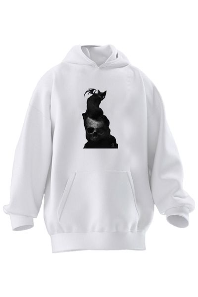 NMG TEKSTİL Φούτερ με κουκούλα Unisex Premium από βαμβακερό λευκό ρόπαλο γάτα με στάμπα με 3 νήματα