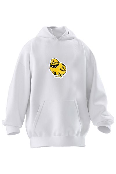 NMG TEKSTİL Unisex Premium Cotton White Collared Yellow Chick Printed 3 Thread Hooded Sweatshirt