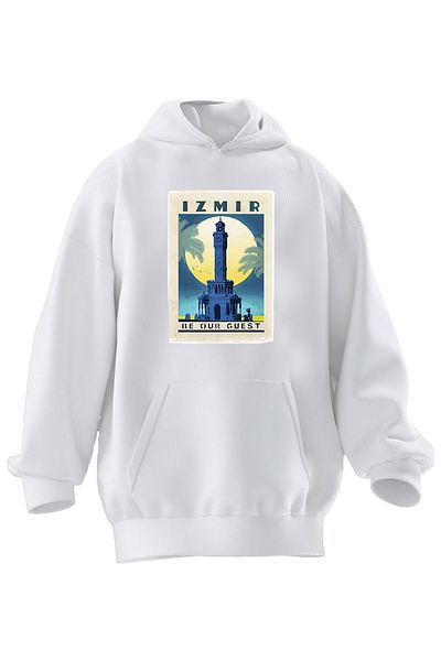 NMG TEKSTİL Φούτερ με κουκούλα Unisex Premium Cotton White Izmir Clock Tower με στάμπα 3 νημάτων