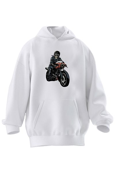 NMG TEKSTİL Φούτερ με κουκούλα Unisex Premium Cotton White Biker Skull με στάμπα 3 νημάτων