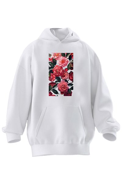 NMG TEKSTİL Φούτερ με κουκούλα Unisex Premium Βαμβακερό Λευκό Ροζ Κόκκινο Λουλούδι με στάμπα με 3 νήματα