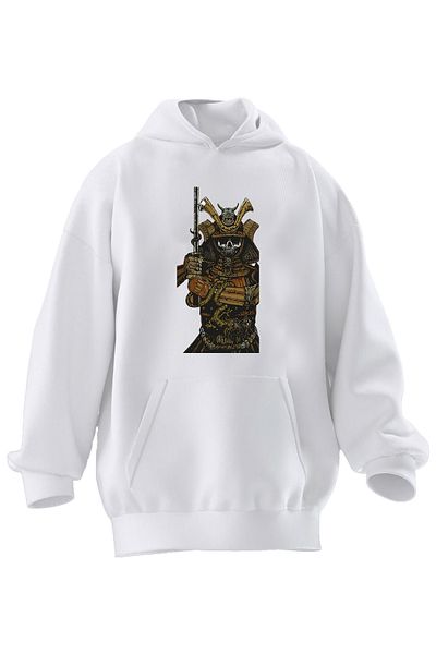 NMG TEKSTİL Φούτερ με κουκούλα Unisex Premium από βαμβακερό λευκό κρανίο Samurai με στάμπα με 3 νήματα