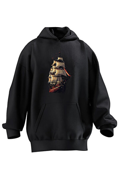 NMG TEKSTİL Black Big Ship Printed -3 Thread Hooded Unisex Cotton Sweatshirt