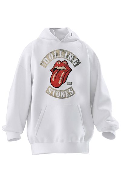 NMG TEKSTİL Φούτερ με κουκούλα Unisex Premium Βαμβακερό Λευκό Rolling Stones με στάμπα γλώσσας με 3 νήματα