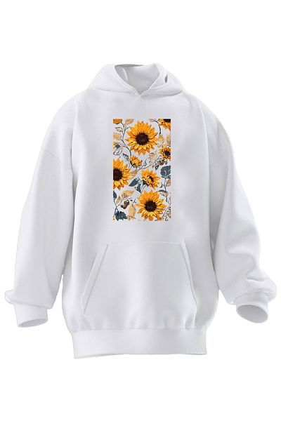 NMG TEKSTİL Φούτερ με κουκούλα Unisex Premium βαμβακερό λευκό ηλίανθο με στάμπα με 3 νήματα