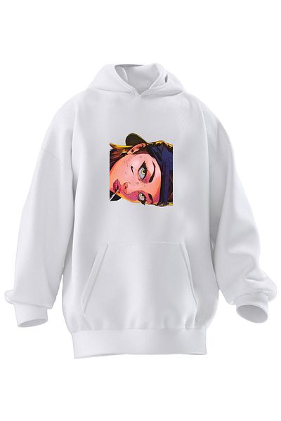 NMG TEKSTİL Φούτερ Unisex Premium βαμβακερό λευκό πλάι με στάμπα για κορίτσι με κουκούλα με 3 νήματα