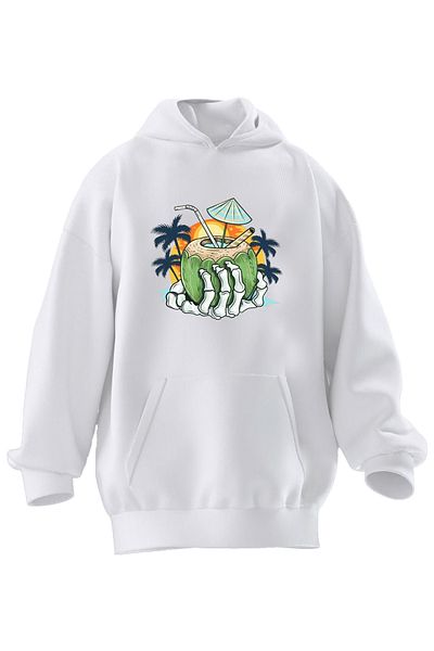 NMG TEKSTİL Λευκό Holiday Palm Drink Pool με στάμπα 3 νημάτων Unisex φούτερ με κουκούλα