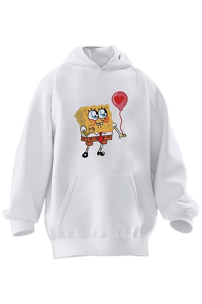 NMG TEKSTİL Φούτερ με κουκούλα Unisex Premium βαμβακερό λευκό μπαλόνι με στάμπα Μπομπ Σφουγγαράκης με 3 νήματα