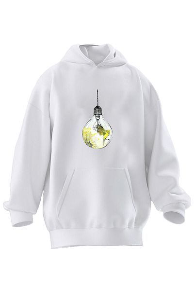 NMG TEKSTİL Λευκό φούτερ Unisex με κουκούλα - 3 νήματα, βαμβάκι, καναρινί εμπριμέ