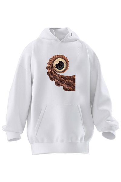 NMG TEKSTİL Φούτερ με κουκούλα Unisex Premium βαμβακερό λευκό χταπόδι με στάμπα με 3 νήματα