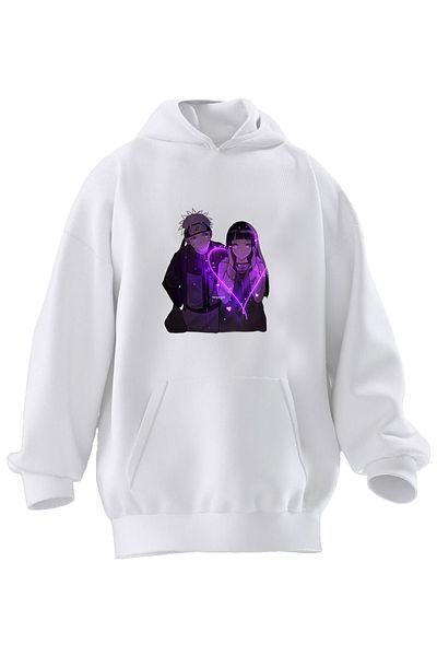 NMG TEKSTİL Φούτερ με κουκούλα Unisex Premium Βαμβακερό Λευκό Μωβ Anime με διπλό τύπωμα 3 νημάτων