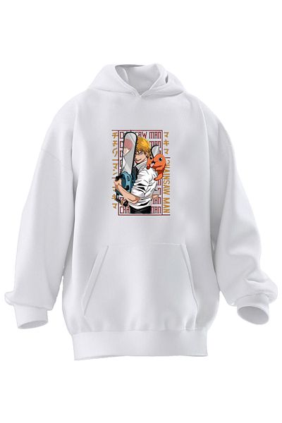 NMG TEKSTİL Φούτερ με κουκούλα Unisex Premium βαμβακερό λευκό Skateboard Anime με στάμπα 3 νημάτων