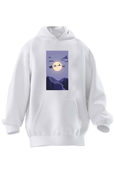 NMG TEKSTİL Φούτερ με κουκούλα Unisex Premium βαμβακερό λευκό Full Moon Deers με στάμπα 3 νημάτων