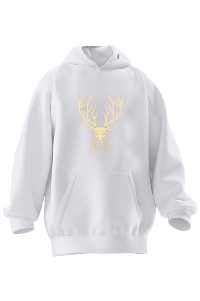 NMG TEKSTİL Φούτερ Unisex Premium Βαμβακερό Λευκό Χρυσό Ελάφι με κουκούλα με 3 νήματα