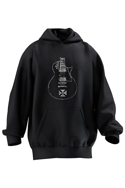 NMG TEKSTİL Hanorac cu glugă premium unisex negru cu imprimeu pentru chitară - 3 fire