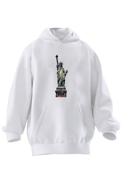 NMG TEKSTİL Hanorac cu glugă unisex din bumbac premium alb Sculpture Freedom imprimat cu 3 fire