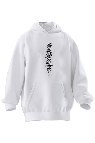 NMG TEKSTİL Φούτερ με κουκούλα Unisex Premium Βαμβακερό Λευκό Ιαπωνικό γράμμα με στάμπα με 3 νήματα