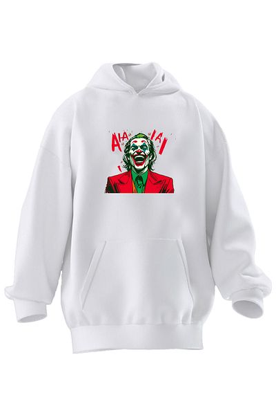 NMG TEKSTİL Λευκό Τζόκερ εμπριμέ Unisex φούτερ με κουκούλα - 3 νήματα Premium βαμβάκι