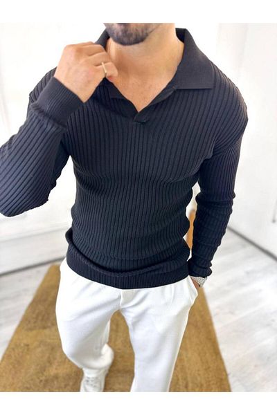 elkumoda Пуловер Slim Fit Поло яка Оребрена мека текстурирана блуза без топчета