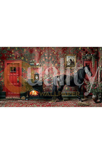 Home Şömineli odada at poster duvar kağıdı