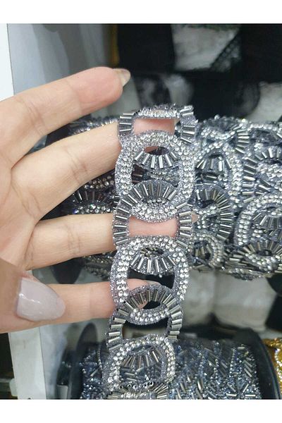 ESRA ŞELEM Anthracite Circular Decorative Strip - Iron-On Rhinestone Beaded Applique Clothing Hobby