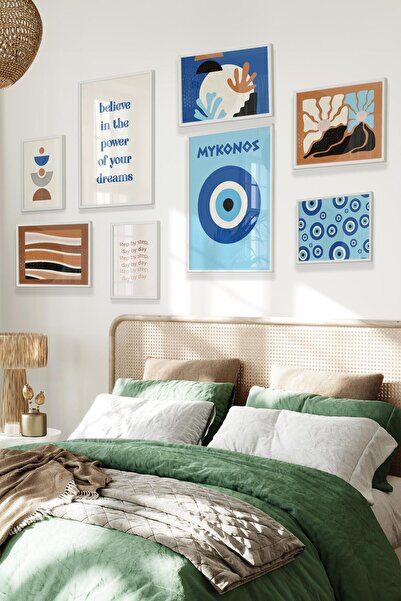 Postifull Beyaz Tablo Seti, 8 Adet Çerçeve Seti,Kahverengi ve Mavi Mykonos Te...