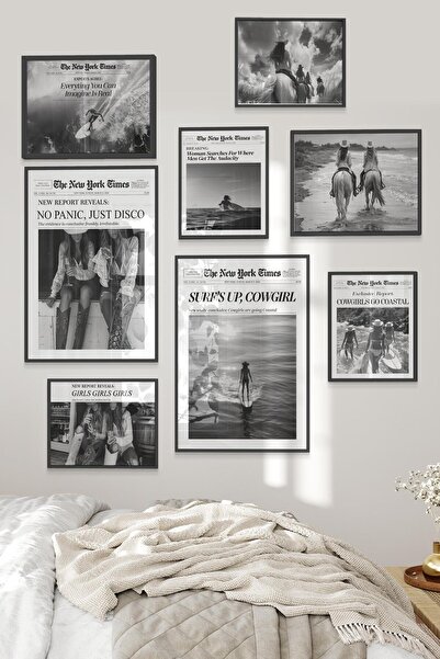 Postifull Siyah Tablo Seti, 8 Adet Çerçeve Seti,Siyah Beyaz Sahil Temalı Galeri Poster Seti NO:014