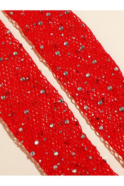 Elegance Scarf Long Red Stylish Bridal Gloves - Tulle and Stone Detailed Wedding/Wedding Gloves