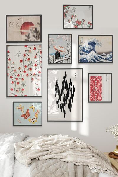 Postifull Siyah Tablo Seti, 8 Adet Çerçeve Seti,Hokusai ve Japon Sanatı Temalı Galeri Poster Seti NO:018