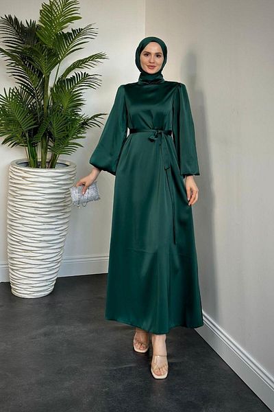 MERVEN AKYÜZ Balloon Sleeve Satin Emerald Dress - Dimitra