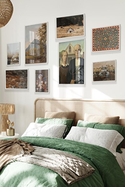 Postifull Beyaz Tablo Seti, 8 Adet Çerçeve Seti,Vintage - Kahverengi Rustic Temalı Galeri Poster Seti NO:006